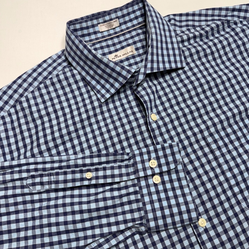 Peter Millar Mens XXL Gingham Check Cotton Long Sleeve Button Up Shirt Blue Navy